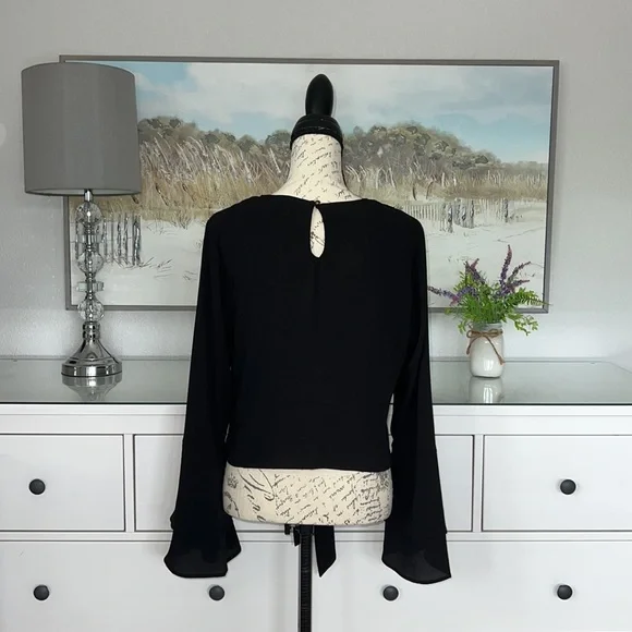 Self 💚 Esteem Bell Sleeve Mid-Crop Pullover Sheer Tie Front Blouse in Jet-black - Picture 3 of 8